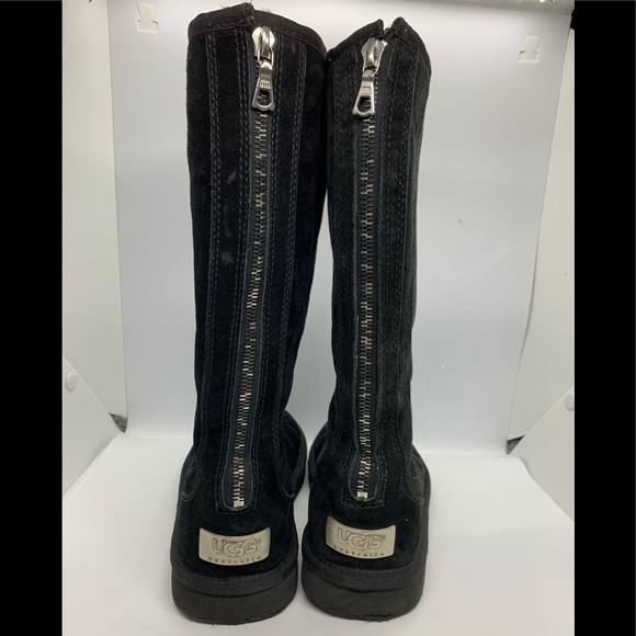 UGG Black Tall Leather Boots Zipper Back Sz5 6 - Picture 7 of 10
